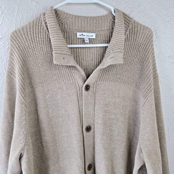 Peter Millar Cardigan Large Tan Knit Merino Wool Linen Preppy Button Up Sweater - Picture 3 of 14